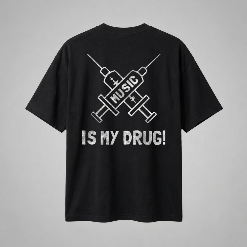 Oversize Premium T-Shirt Music Is My Drug - Siyah